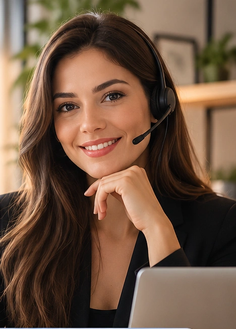 Atendente de pré-atendimento em um escritório, com headset e notebook